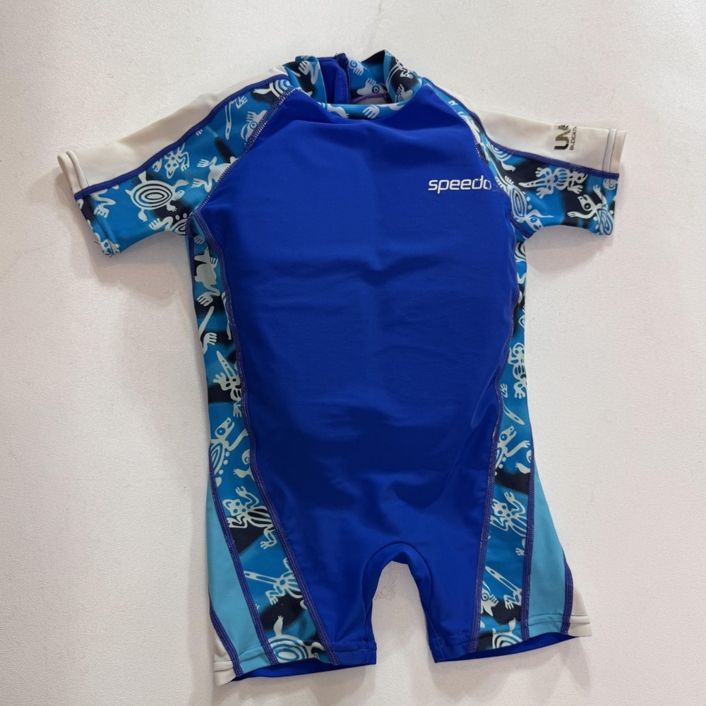 Speedo UV Sun Suit Boys 3T Blue Geometric Swimsuit One Piece Zip Rash Guard